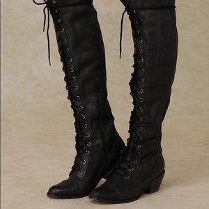 Black leather Lace-Up Over-the-Knee Boots